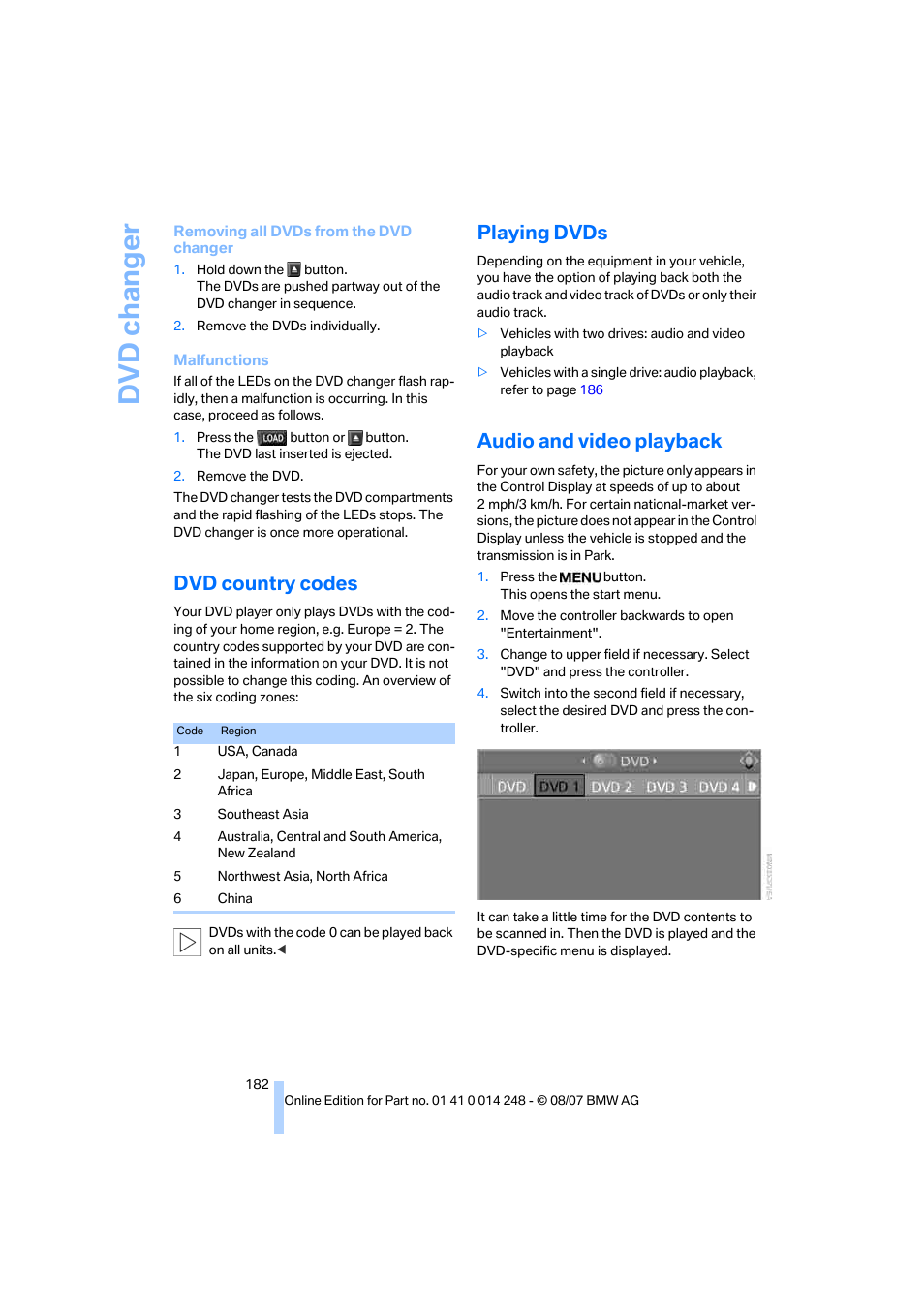 Dvd country codes, Playing dvds, Audio and video playback | Dv d ch an g e r | BMW X5 4.8i 2008 User Manual | Page 184 / 292