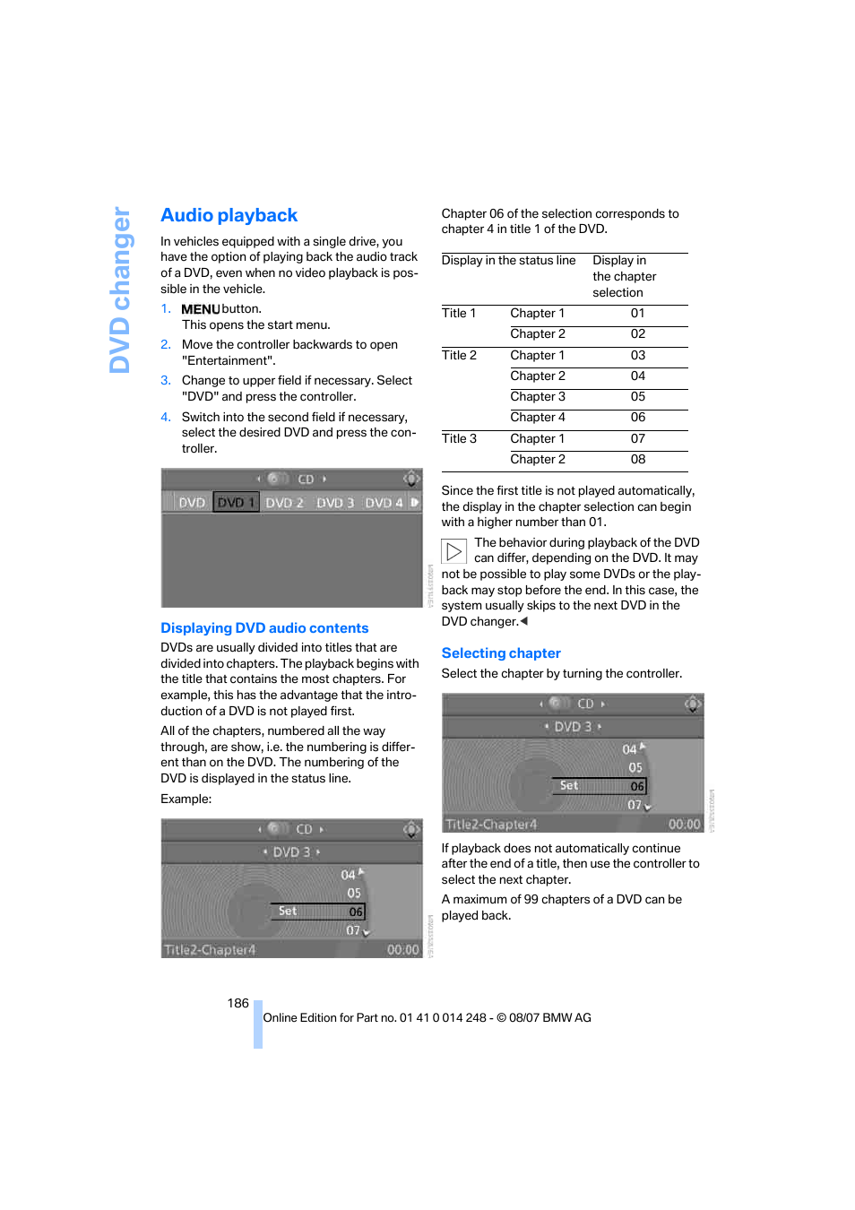 Audio playback, Dv d ch an g e r | BMW X5 4.8i 2008 User Manual | Page 188 / 292