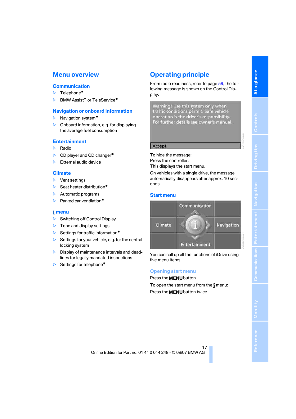 Menu overview, Operating principle | BMW X5 4.8i 2008 User Manual | Page 19 / 292