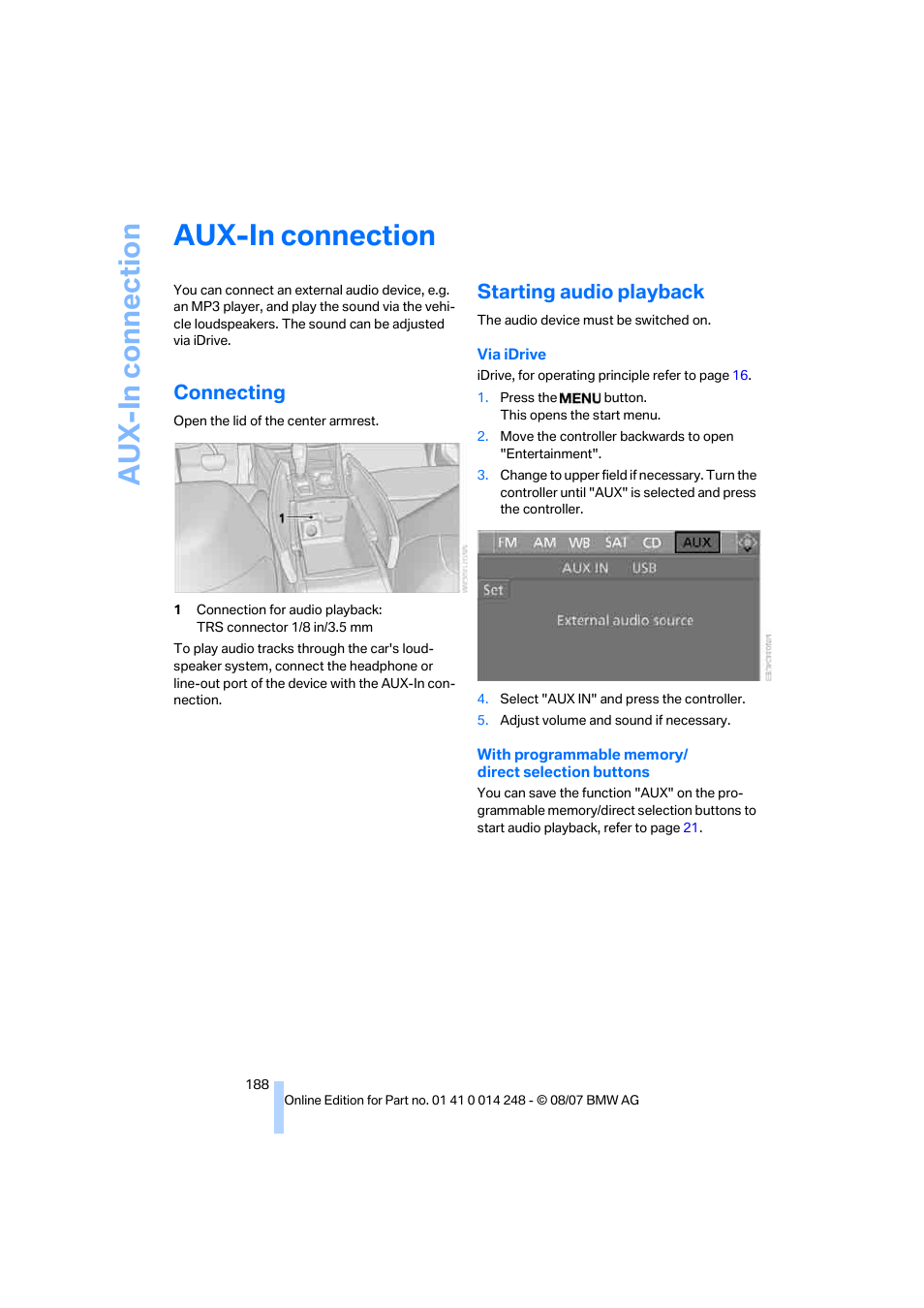 Aux-in connection, Connecting, Starting audio playback | Aux-in con n ec tion | BMW X5 4.8i 2008 User Manual | Page 190 / 292