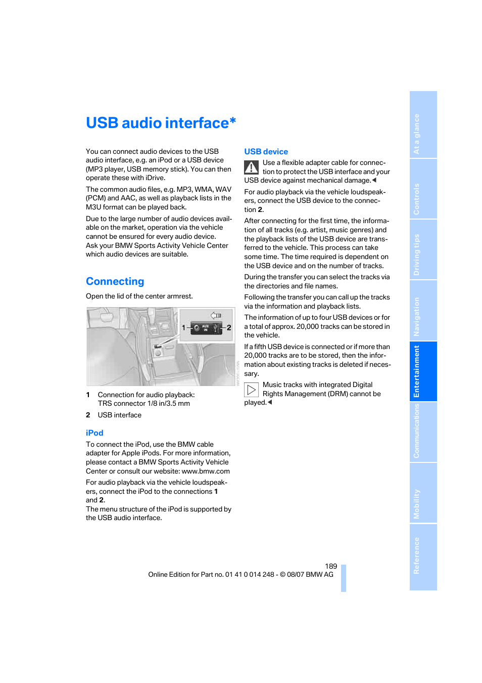 Usb audio interface, Connecting | BMW X5 4.8i 2008 User Manual | Page 191 / 292