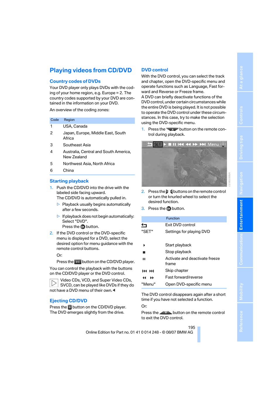 Playing videos from cd/dvd | BMW X5 4.8i 2008 User Manual | Page 197 / 292