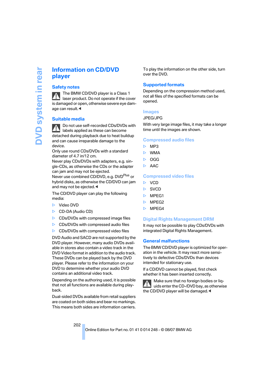 Information on cd/dvd player, Dv d syst em in rear | BMW X5 4.8i 2008 User Manual | Page 204 / 292