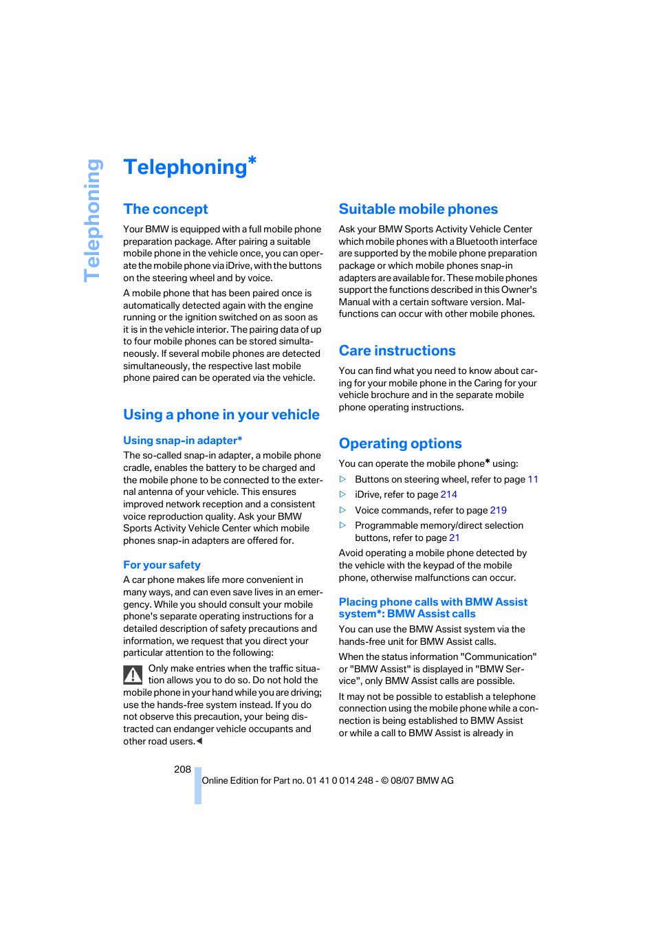 Telephoning, The concept, Using a phone in your vehicle | Suitable mobile phones, Care instructions, Operating options, Telep h oning | BMW X5 4.8i 2008 User Manual | Page 210 / 292