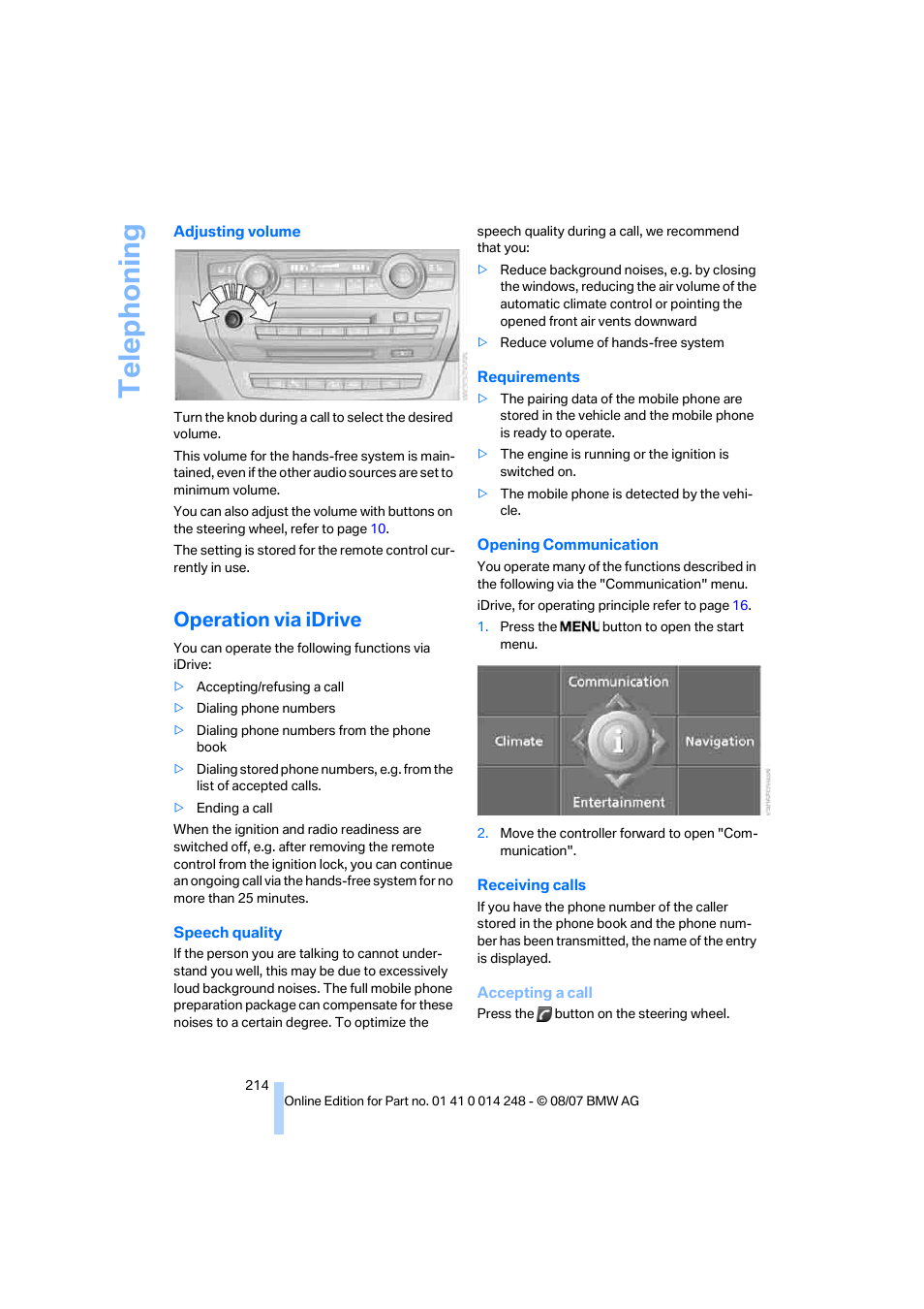 Operation via idrive, Telep h oning | BMW X5 4.8i 2008 User Manual | Page 216 / 292