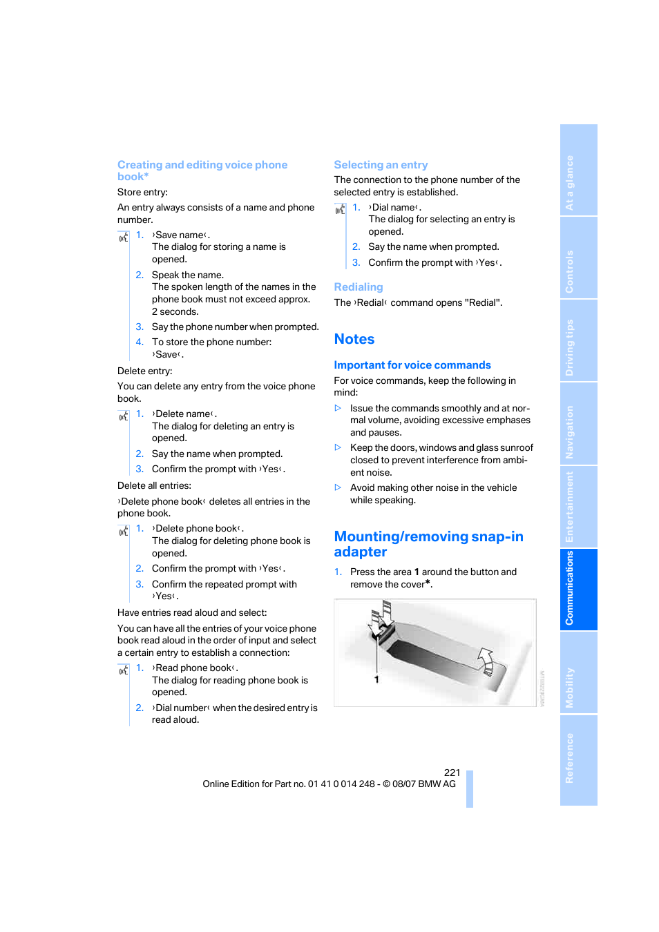 Notes, Mounting/removing snap-in adapter | BMW X5 4.8i 2008 User Manual | Page 223 / 292