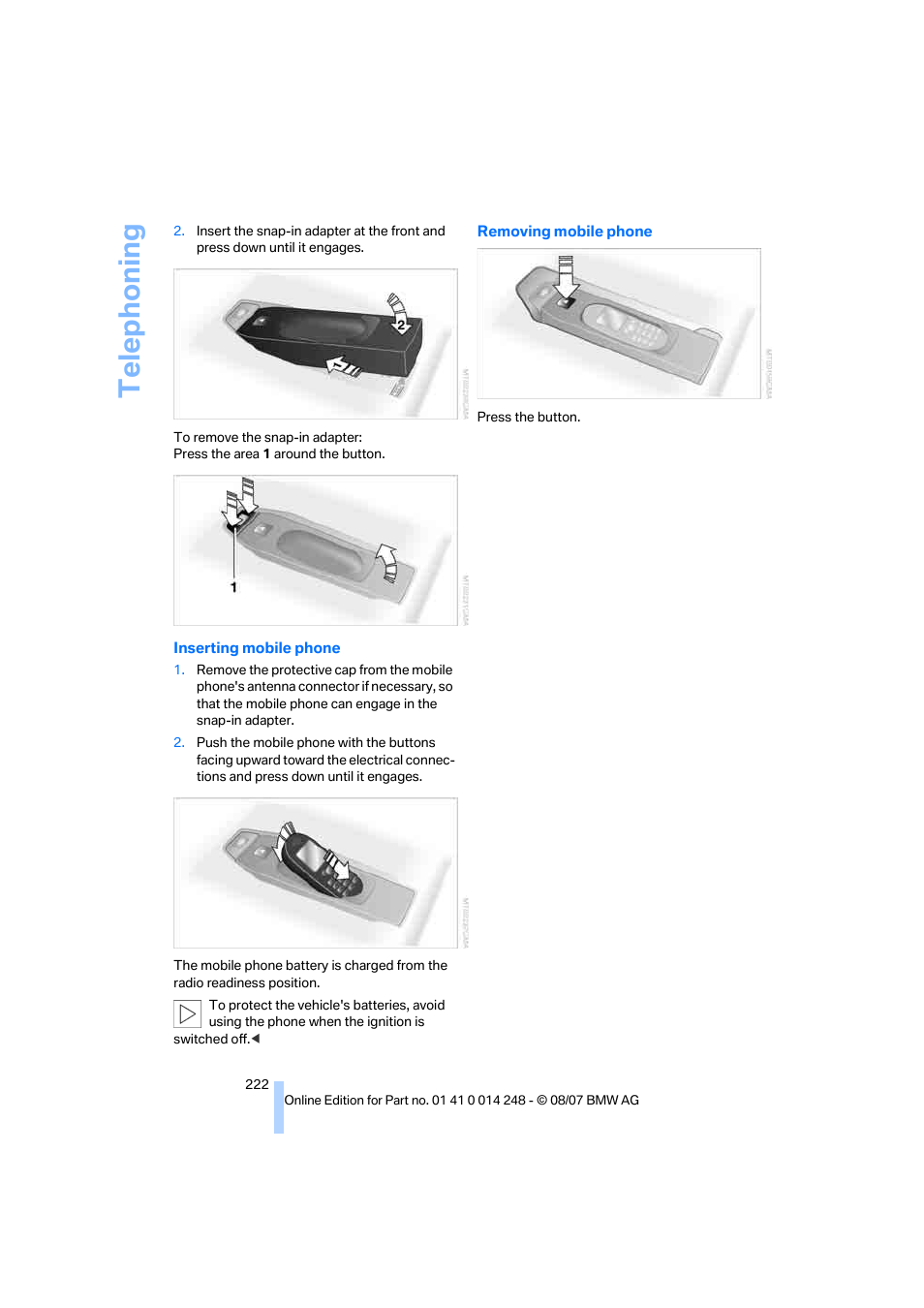 Telep h oning | BMW X5 4.8i 2008 User Manual | Page 224 / 292