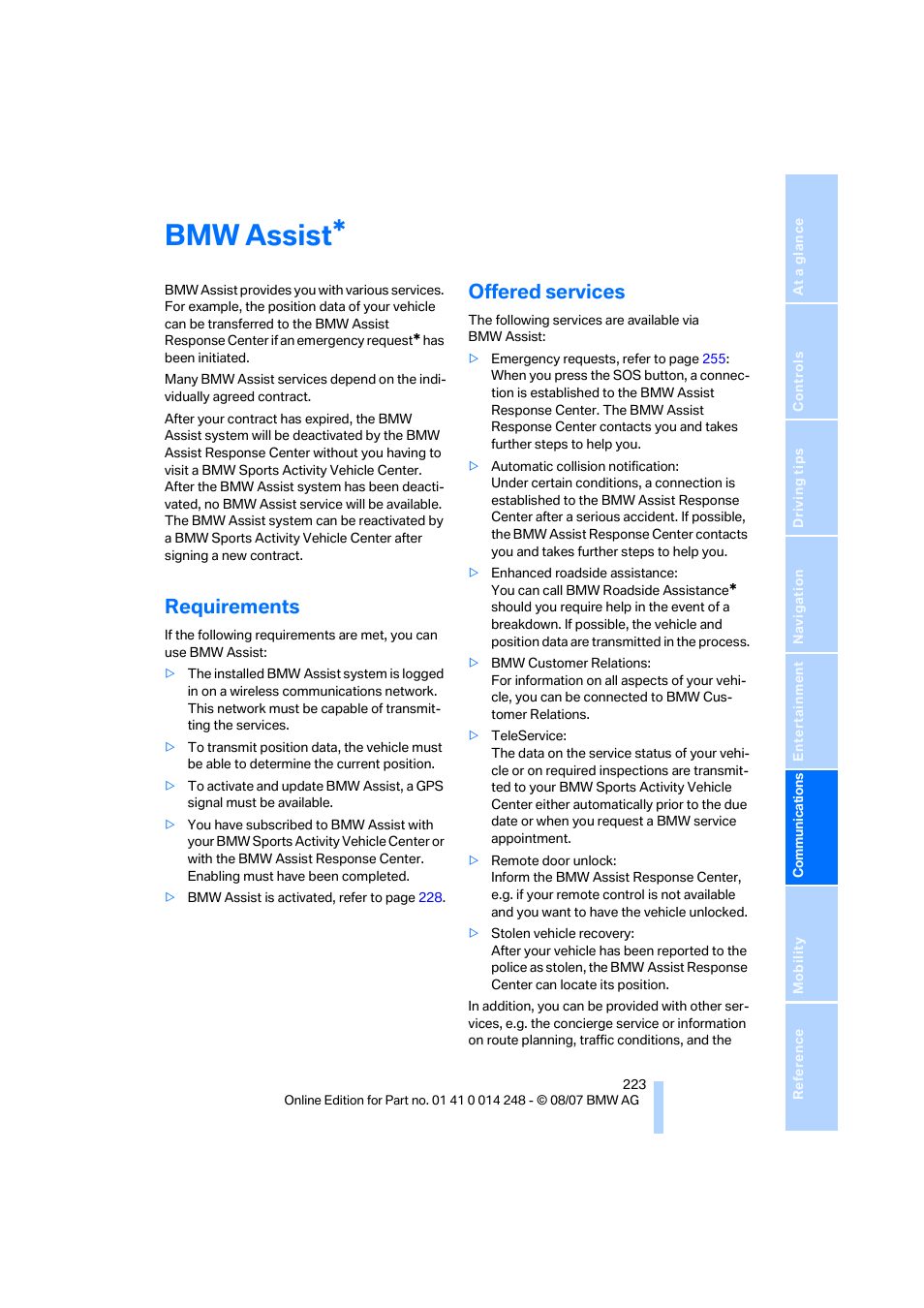 Bmw assist, Requirements, Offered services | BMW X5 4.8i 2008 User Manual | Page 225 / 292