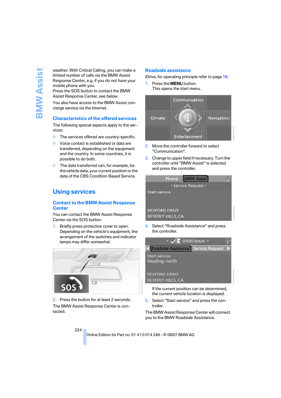 Using services, Bmw assis t | BMW X5 4.8i 2008 User Manual | Page 226 / 292