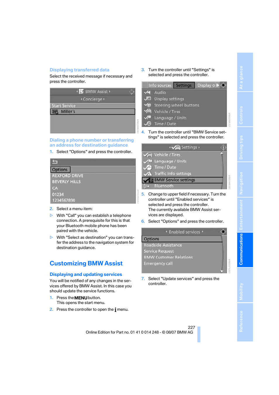 Customizing bmw assist | BMW X5 4.8i 2008 User Manual | Page 229 / 292