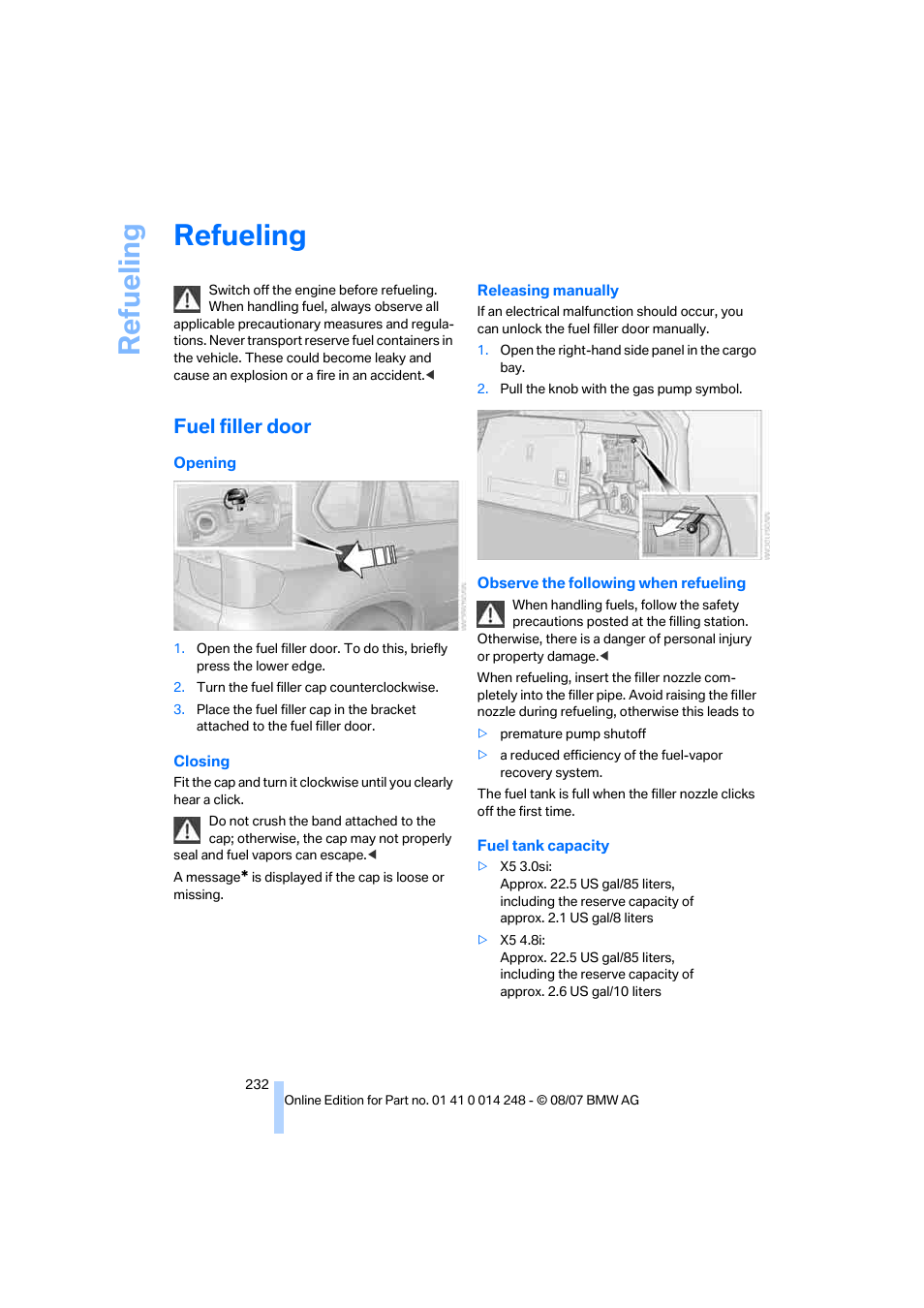 Refueling, Fuel filler door, Lity | Re fueling | BMW X5 4.8i 2008 User Manual | Page 234 / 292