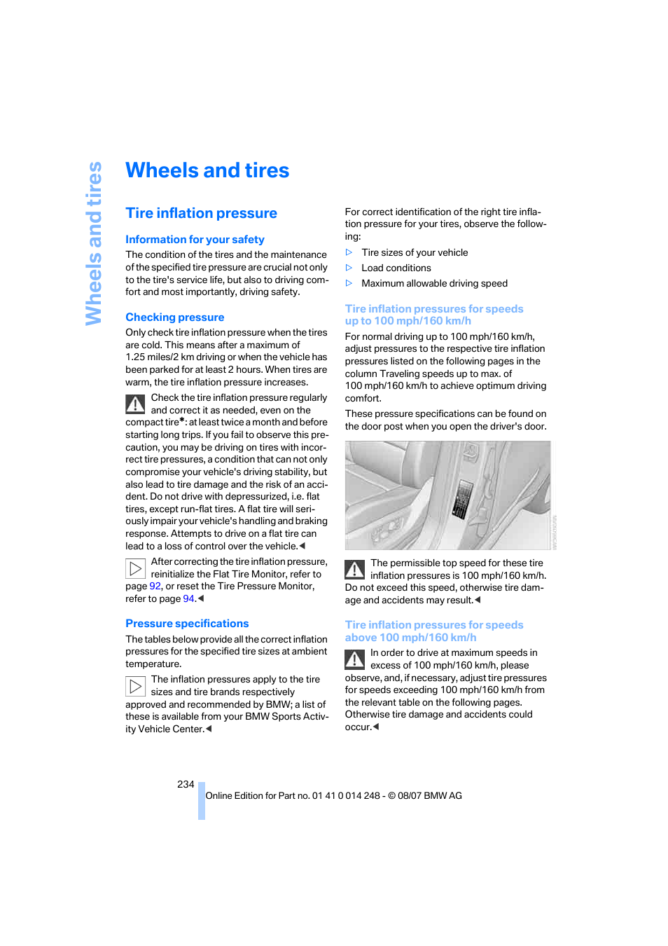 Wheels and tires, Tire inflation pressure, Wh eels and tire s | BMW X5 4.8i 2008 User Manual | Page 236 / 292