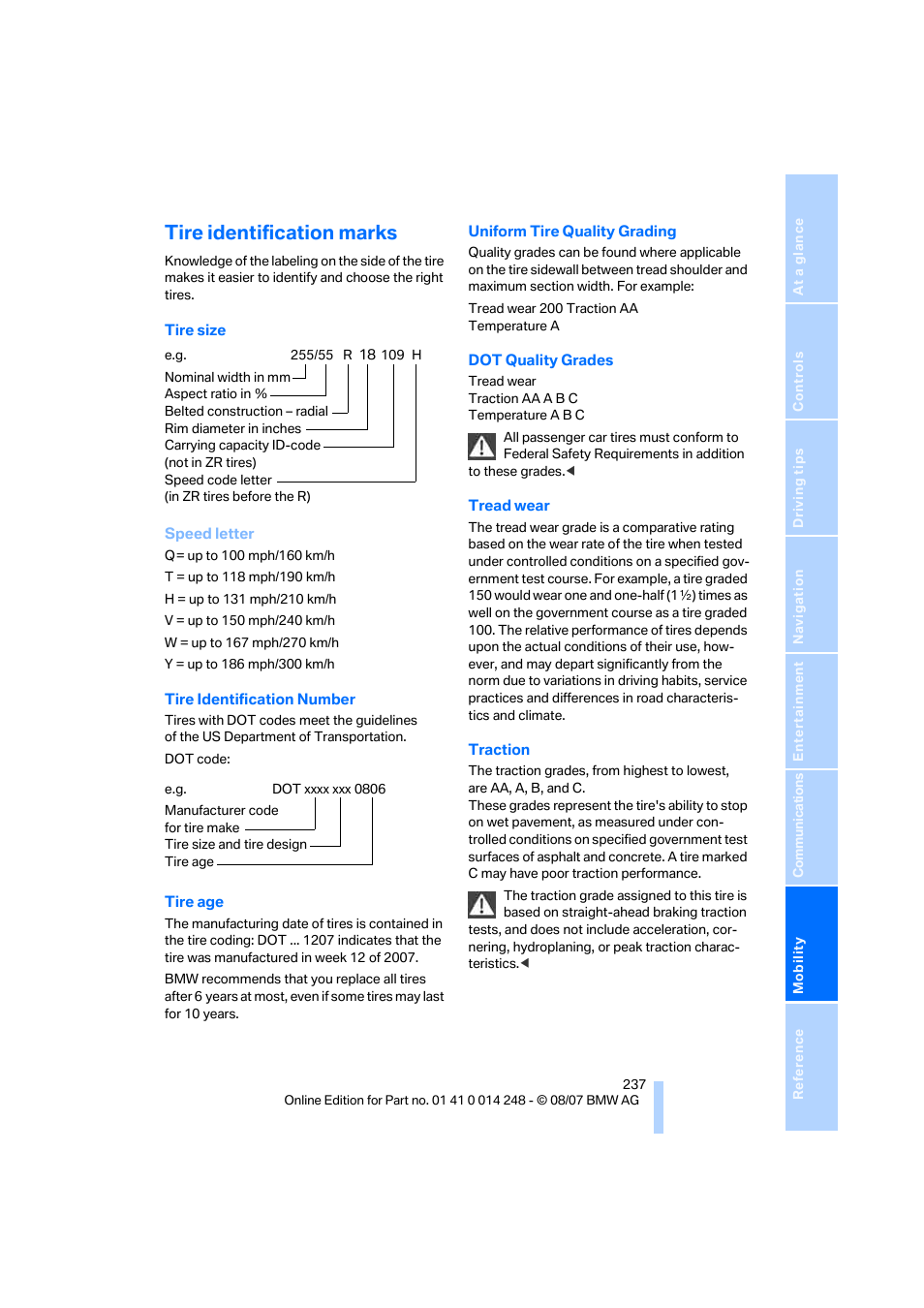 Tire identification marks | BMW X5 4.8i 2008 User Manual | Page 239 / 292