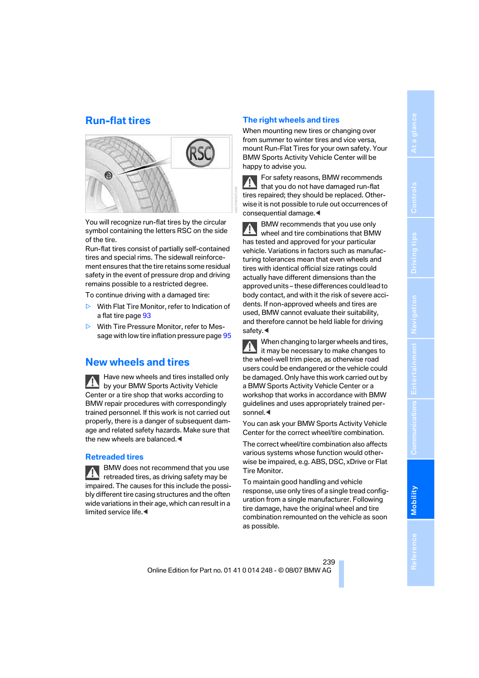 Run-flat tires, New wheels and tires | BMW X5 4.8i 2008 User Manual | Page 241 / 292