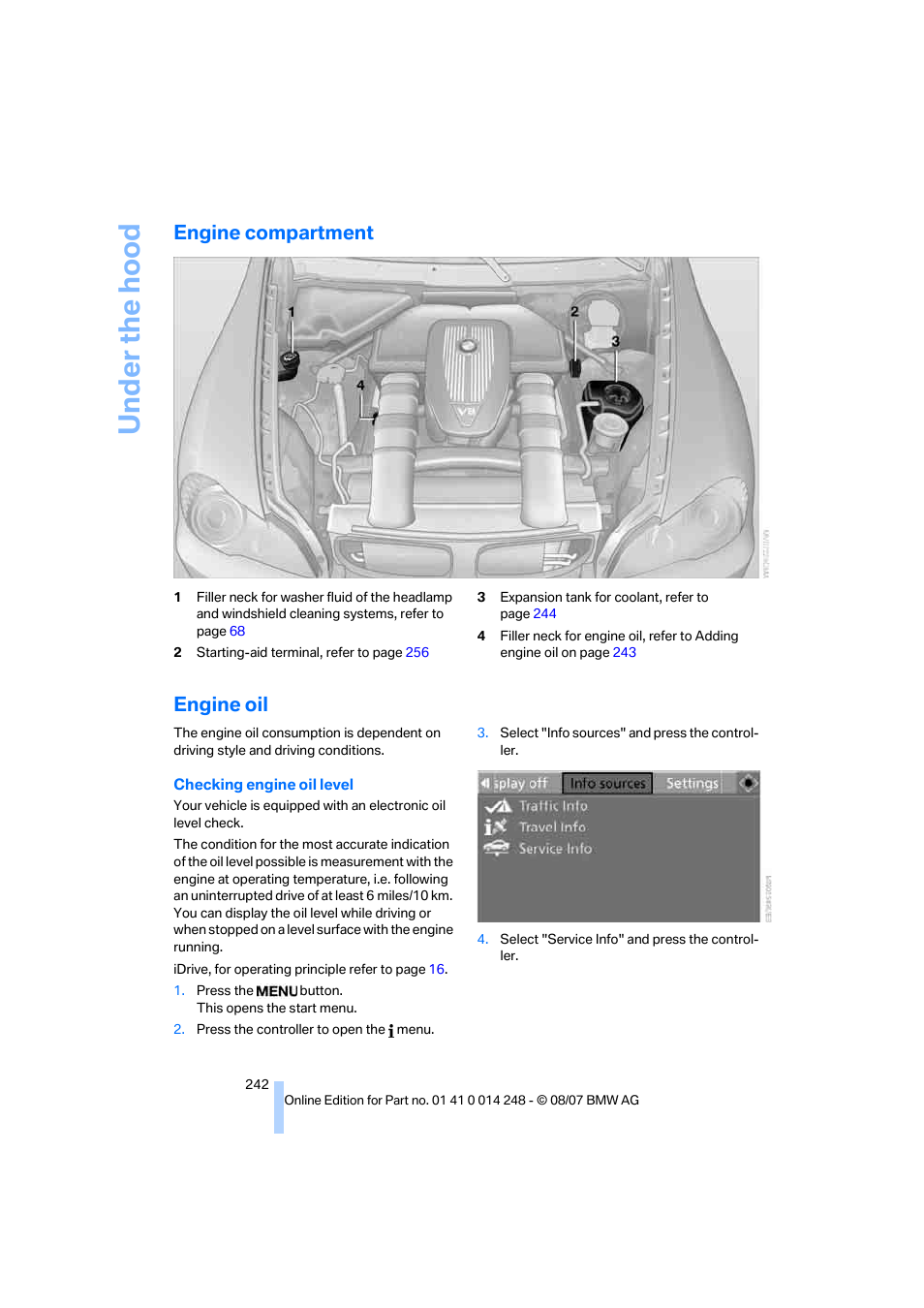 Engine compartment, Engine oil | BMW X5 4.8i 2008 User Manual | Page 244 / 292