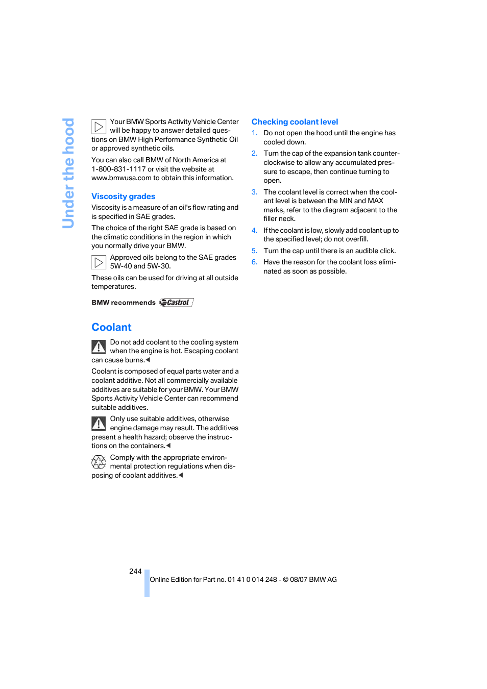 Coolant | BMW X5 4.8i 2008 User Manual | Page 246 / 292