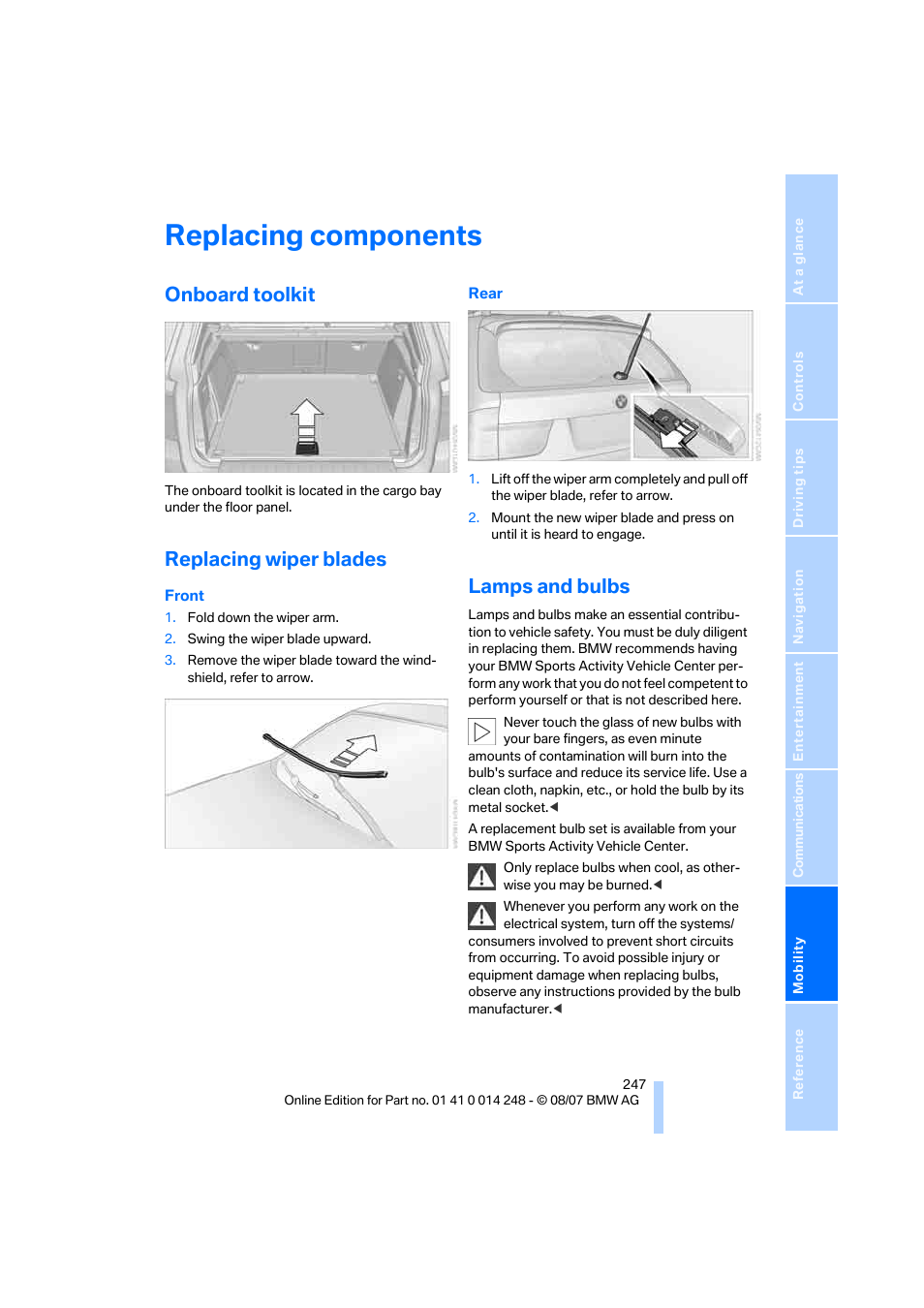 Replacing components, Onboard toolkit, Replacing wiper blades | Lamps and bulbs | BMW X5 4.8i 2008 User Manual | Page 249 / 292