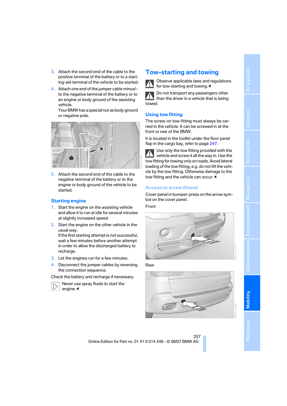 Tow-starting and towing | BMW X5 4.8i 2008 User Manual | Page 259 / 292