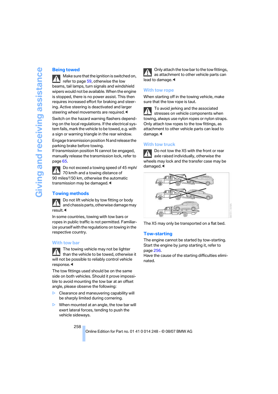 Giving and receiv ing as sistance | BMW X5 4.8i 2008 User Manual | Page 260 / 292