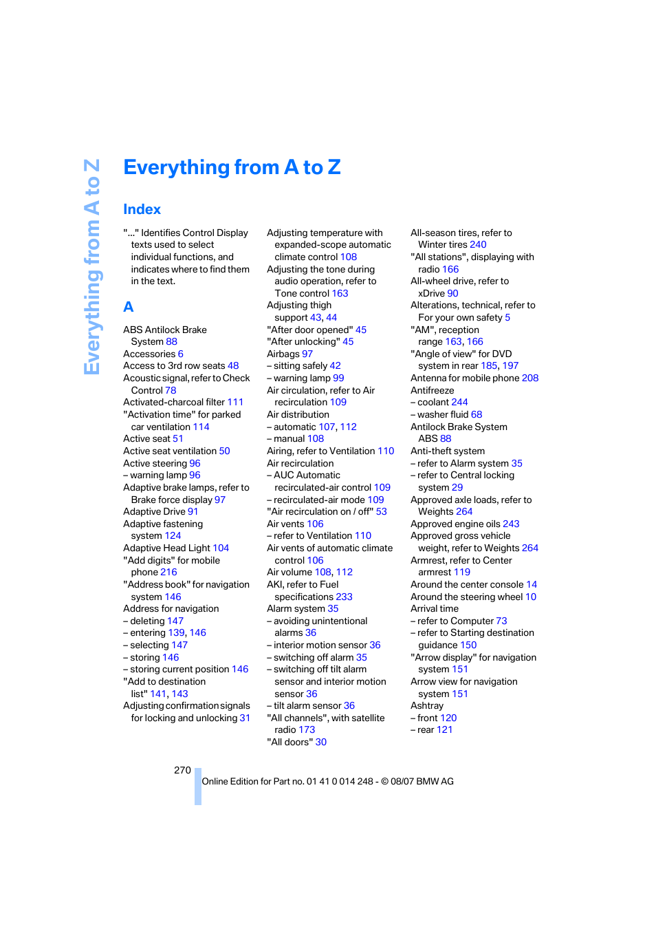 Everything from a to z, Index | BMW X5 4.8i 2008 User Manual | Page 272 / 292