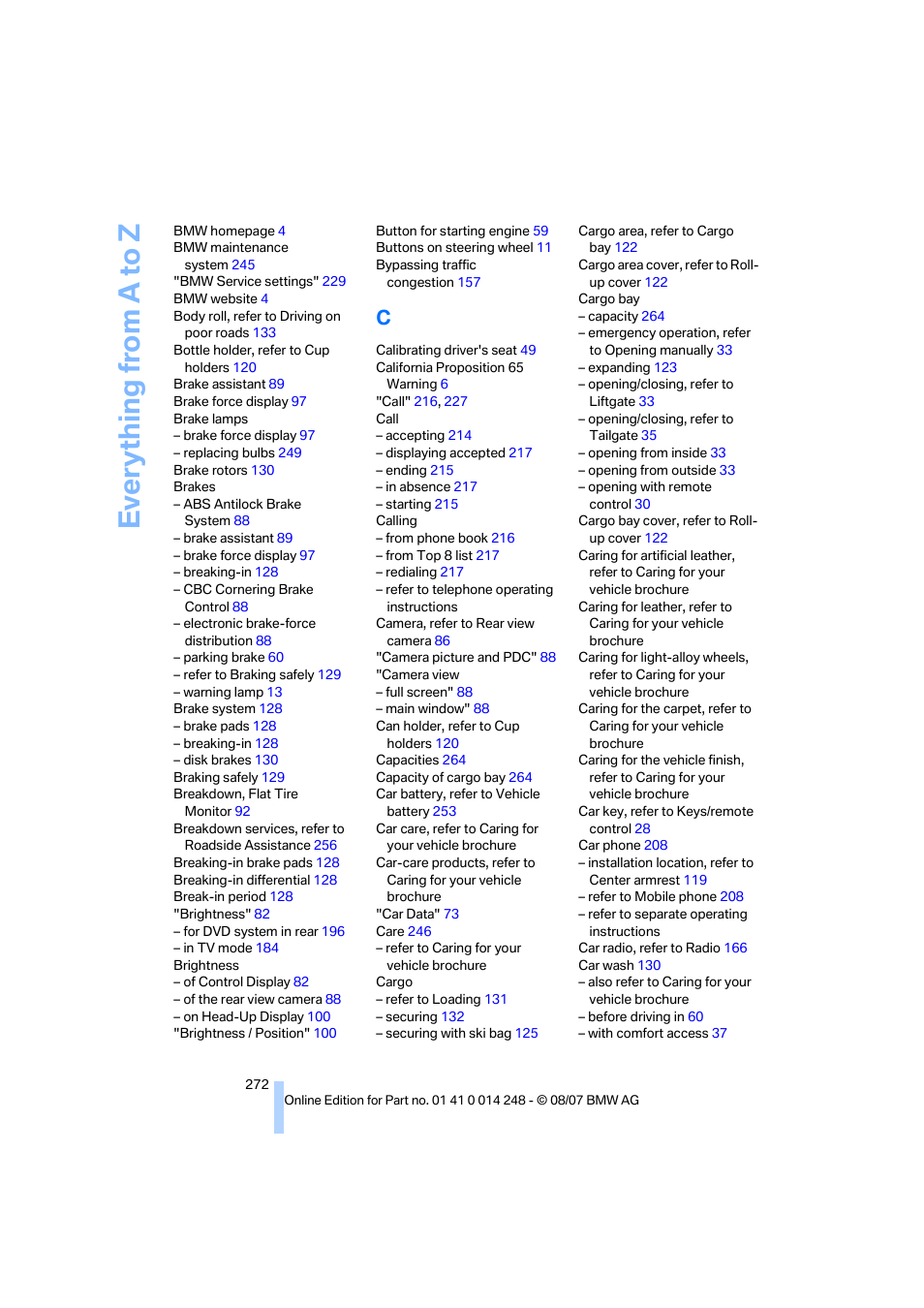 Everything from a to z | BMW X5 4.8i 2008 User Manual | Page 274 / 292