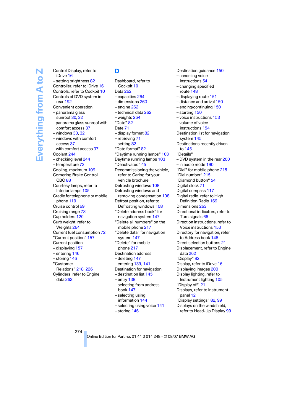 Everything from a to z | BMW X5 4.8i 2008 User Manual | Page 276 / 292