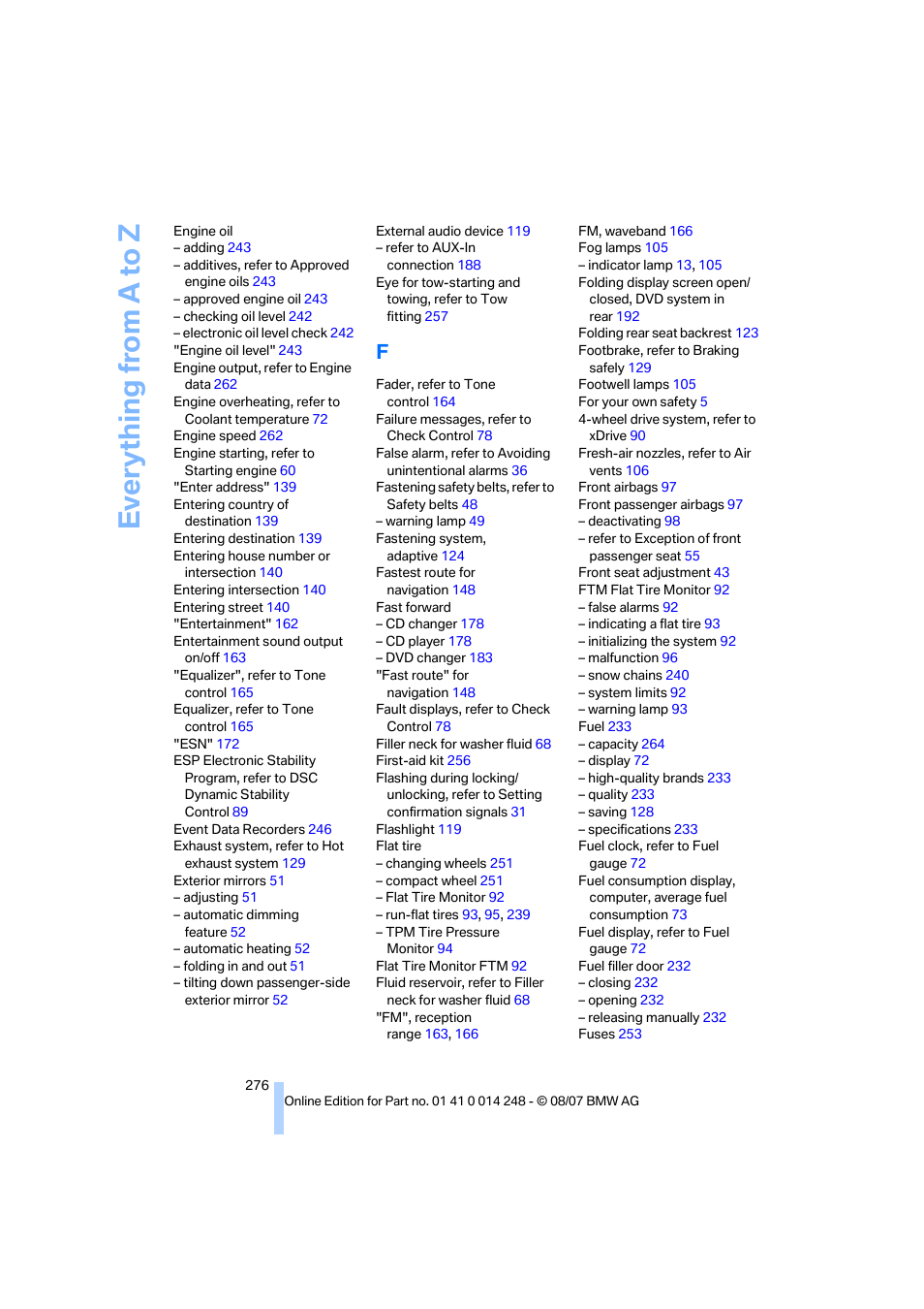 Everything from a to z | BMW X5 4.8i 2008 User Manual | Page 278 / 292