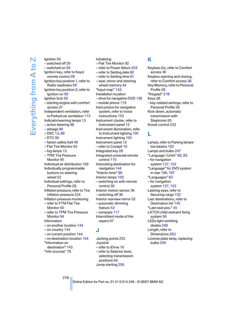 Everything from a to z | BMW X5 4.8i 2008 User Manual | Page 280 / 292