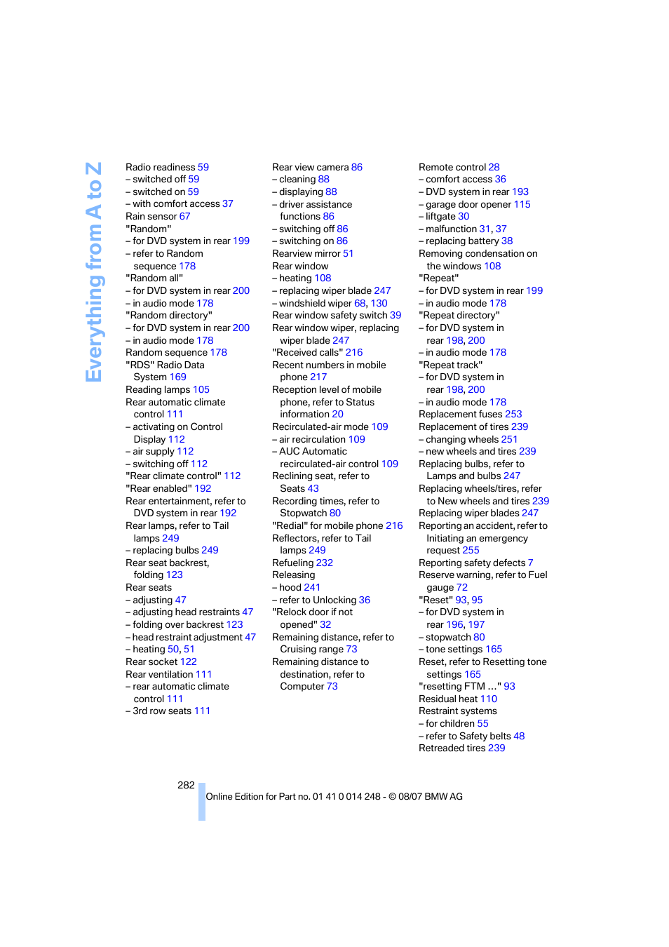 Everything from a to z | BMW X5 4.8i 2008 User Manual | Page 284 / 292