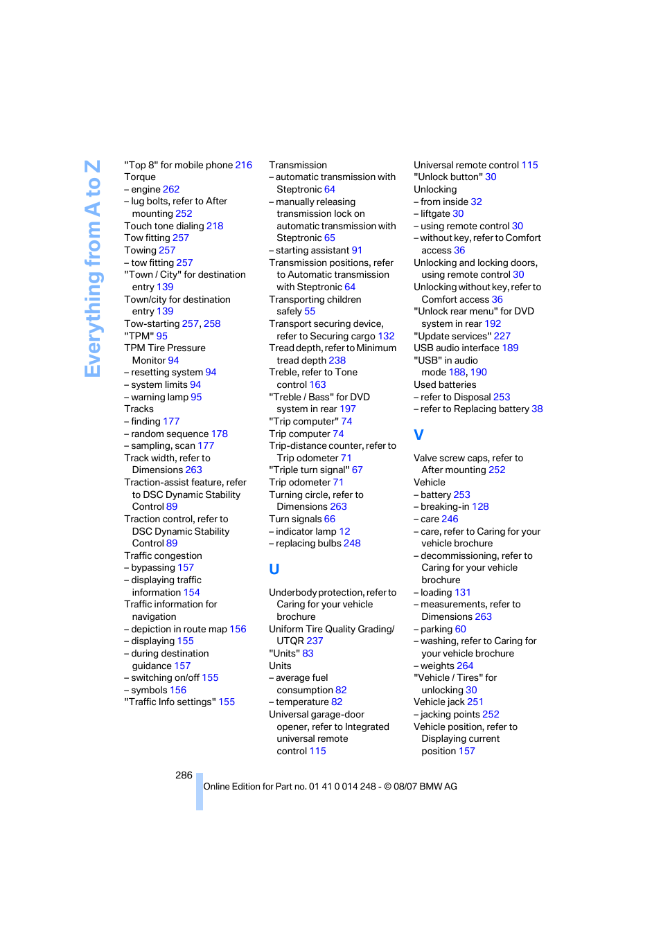 Everything from a to z | BMW X5 4.8i 2008 User Manual | Page 288 / 292