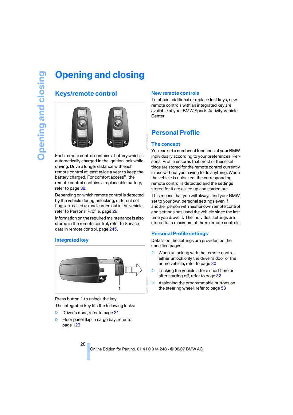 Opening and closing, Keys/remote control, Personal profile | BMW X5 4.8i 2008 User Manual | Page 30 / 292