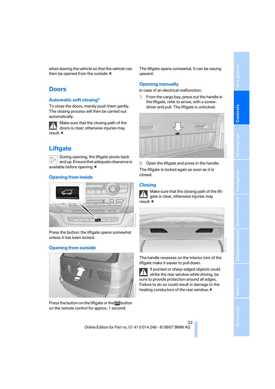 Doors, Liftgate | BMW X5 4.8i 2008 User Manual | Page 35 / 292