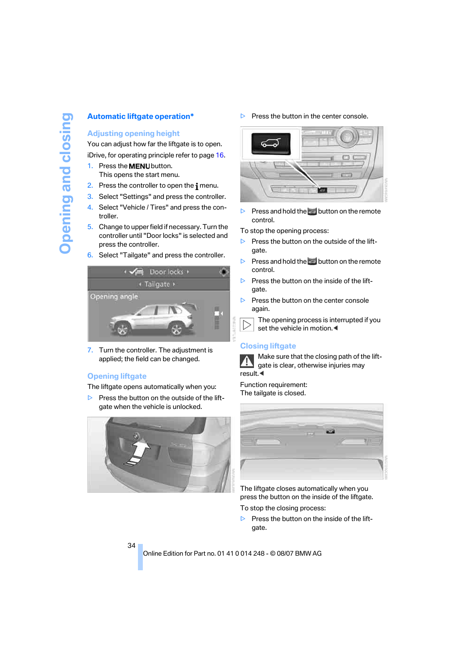 Opening and closing | BMW X5 4.8i 2008 User Manual | Page 36 / 292