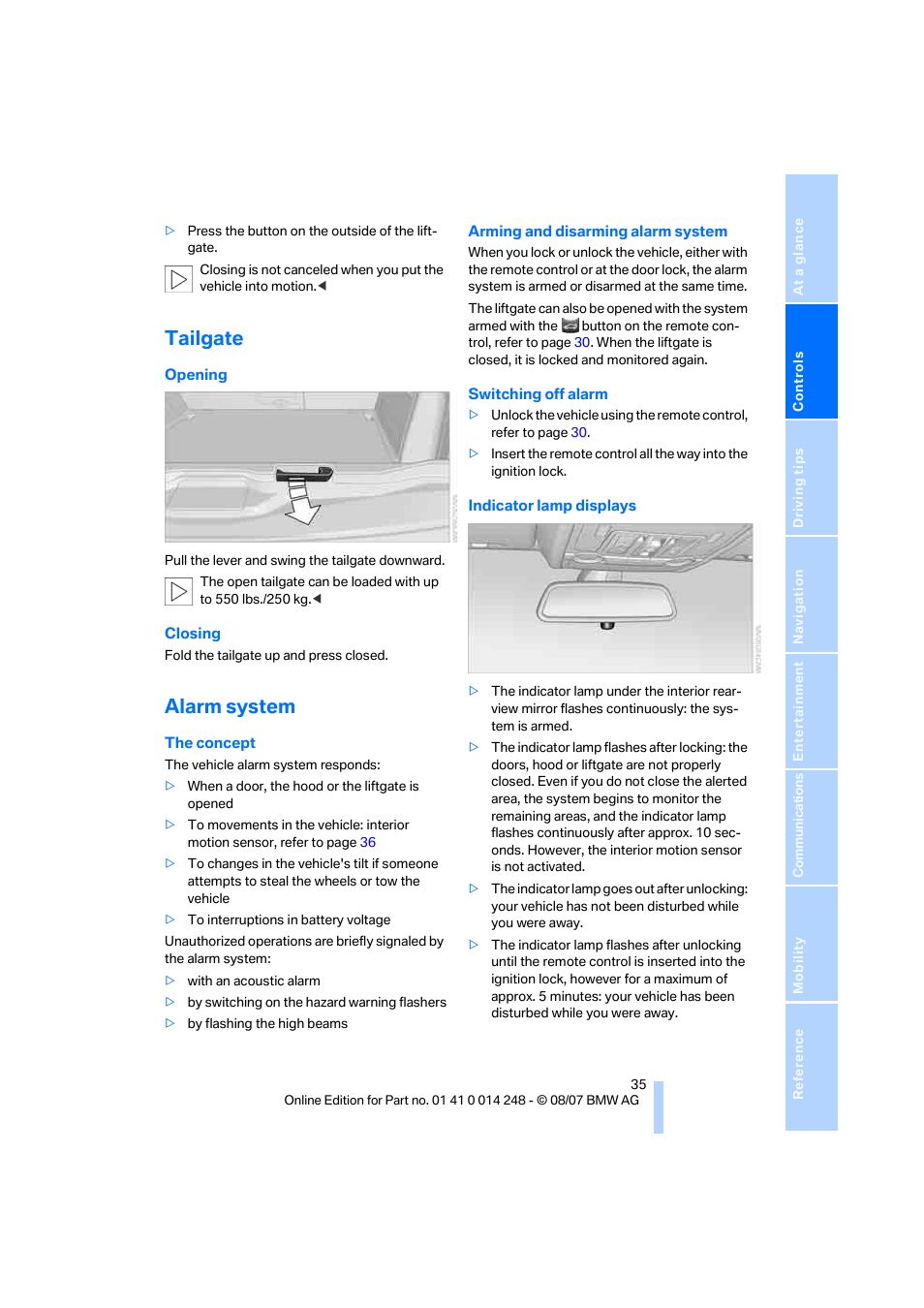 Tailgate, Alarm system | BMW X5 4.8i 2008 User Manual | Page 37 / 292