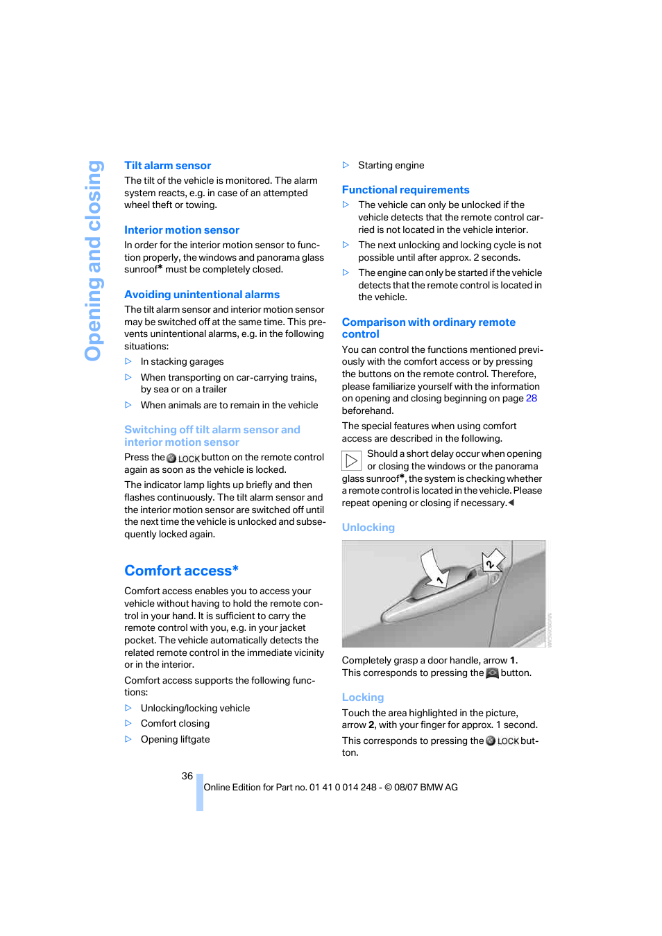 Comfort access, Opening and closing | BMW X5 4.8i 2008 User Manual | Page 38 / 292