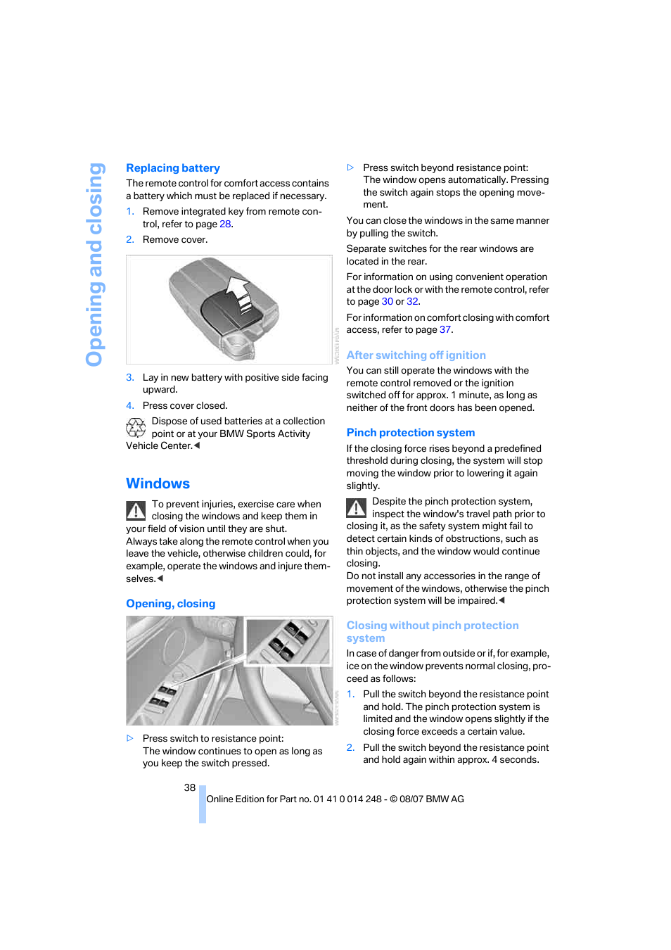 Windows, Opening and closing | BMW X5 4.8i 2008 User Manual | Page 40 / 292