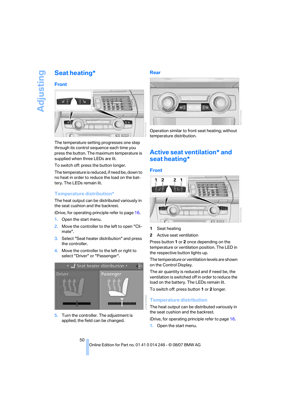 Seat heating, Active seat ventilation* and seat heating, Adju sting | BMW X5 4.8i 2008 User Manual | Page 52 / 292