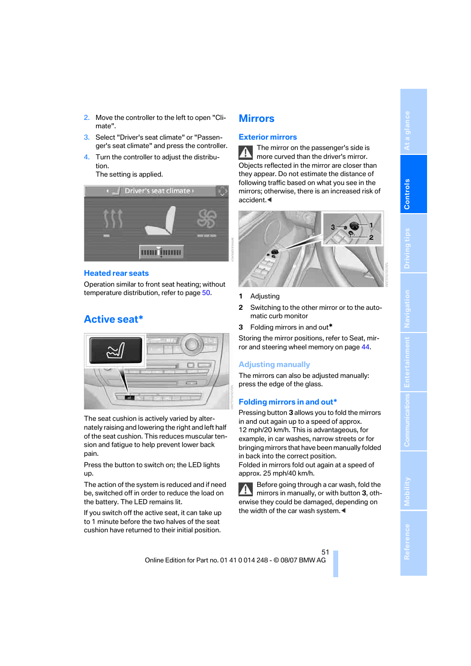 Active seat, Mirrors | BMW X5 4.8i 2008 User Manual | Page 53 / 292