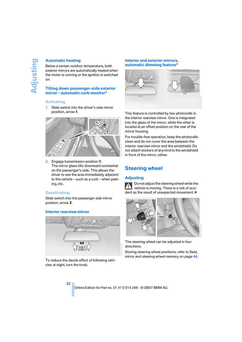 Steering wheel, Adju sting | BMW X5 4.8i 2008 User Manual | Page 54 / 292