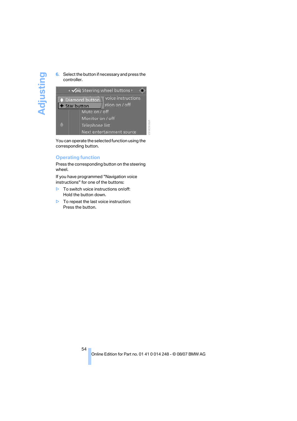 Adju sting | BMW X5 4.8i 2008 User Manual | Page 56 / 292