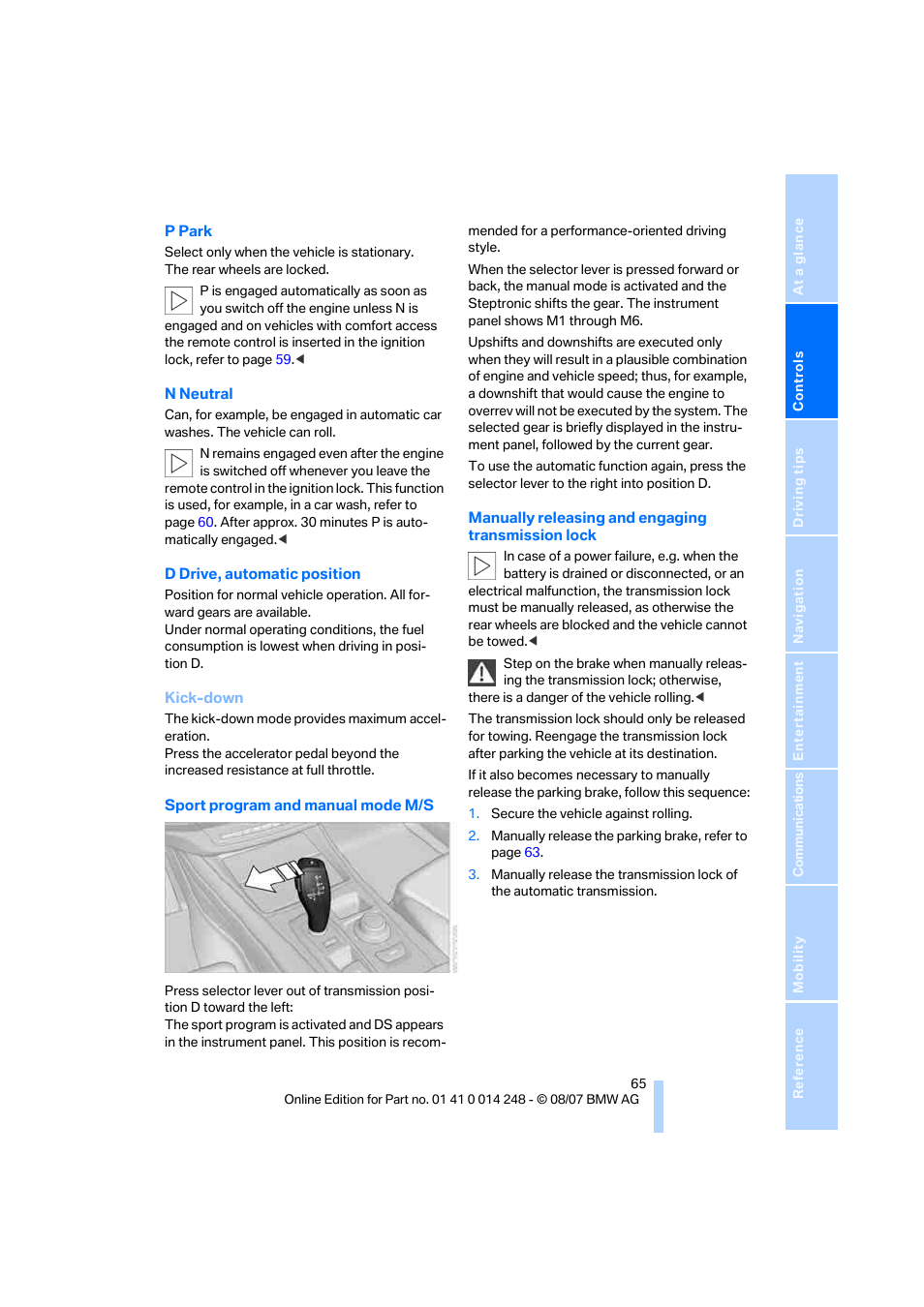 BMW X5 4.8i 2008 User Manual | Page 67 / 292