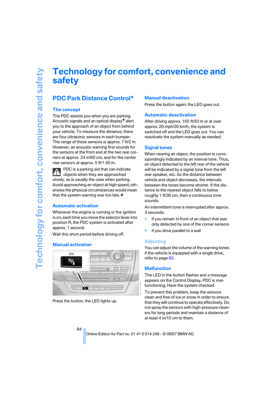 Technology for comfort, convenience and safety, Pdc park distance control | BMW X5 4.8i 2008 User Manual | Page 86 / 292