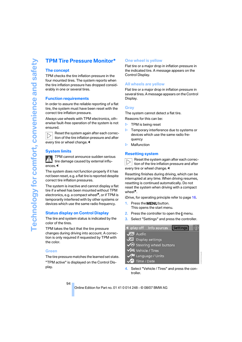 Tpm tire pressure monitor | BMW X5 4.8i 2008 User Manual | Page 96 / 292