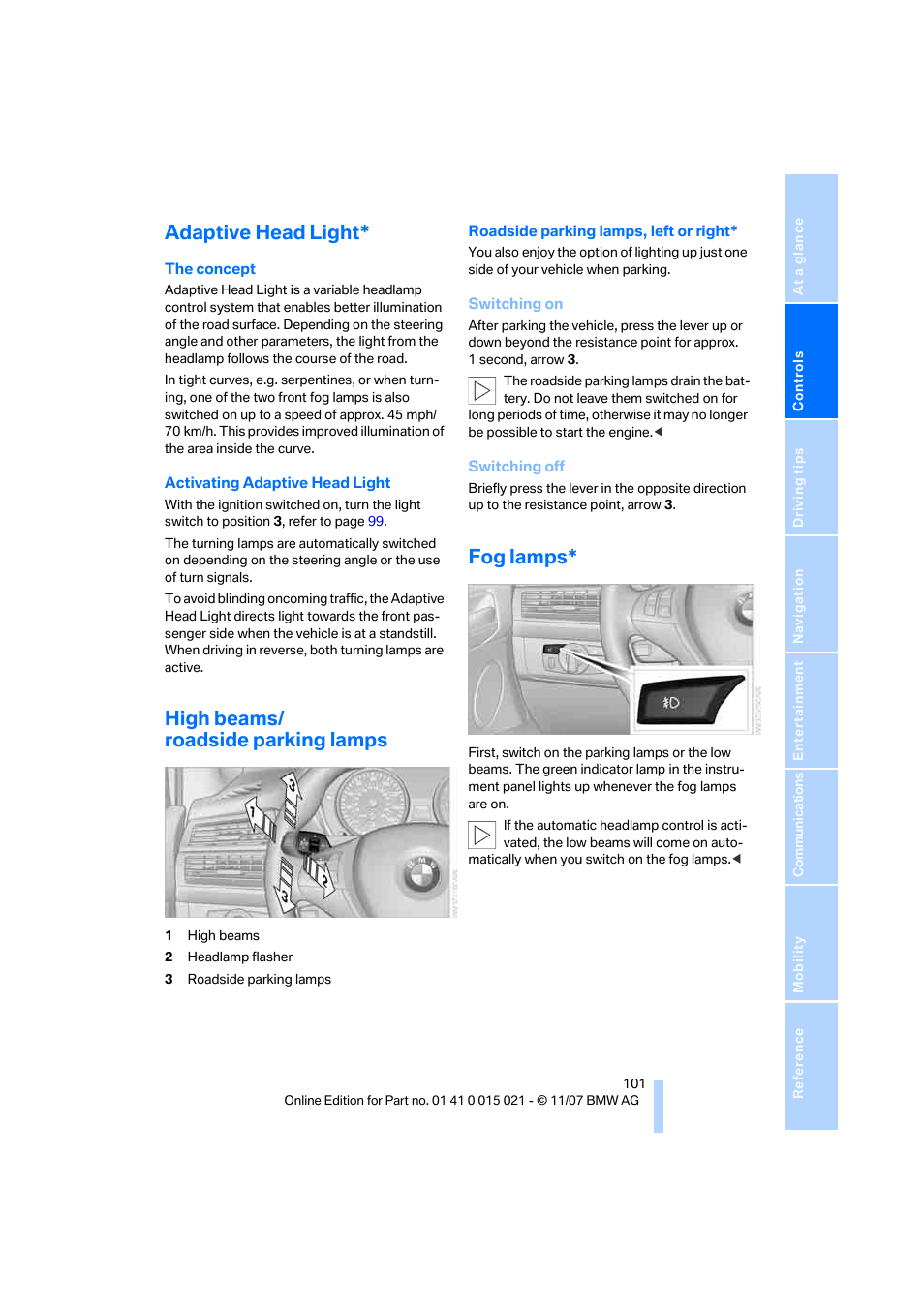 Adaptive head light, High beams/ roadside parking lamps, Fog lamps | BMW X6 xDrive50i 2008 User Manual | Page 103 / 288