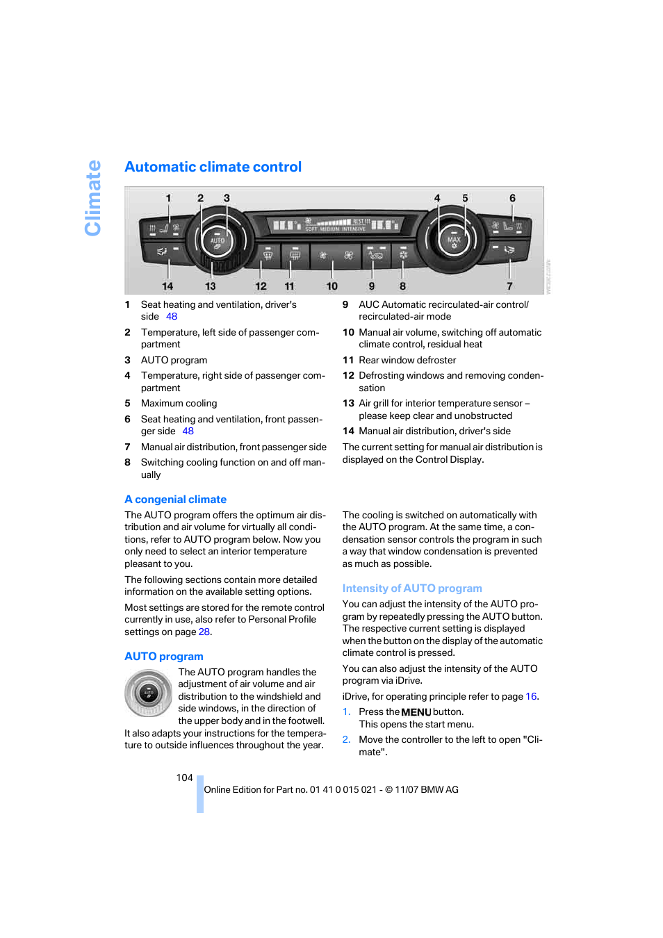 Automatic climate control, Climate | BMW X6 xDrive50i 2008 User Manual | Page 106 / 288