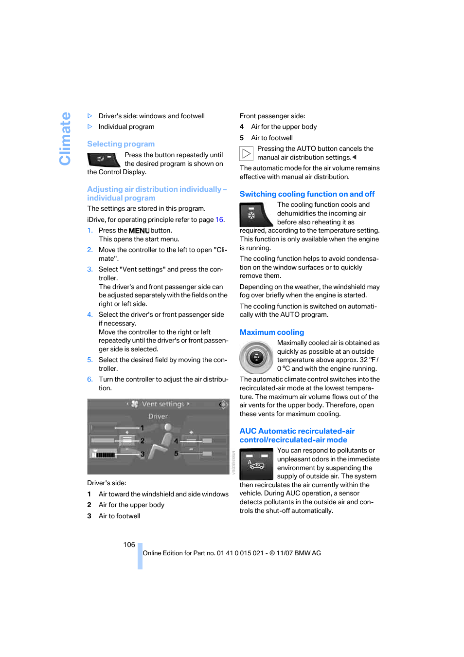 Climate | BMW X6 xDrive50i 2008 User Manual | Page 108 / 288