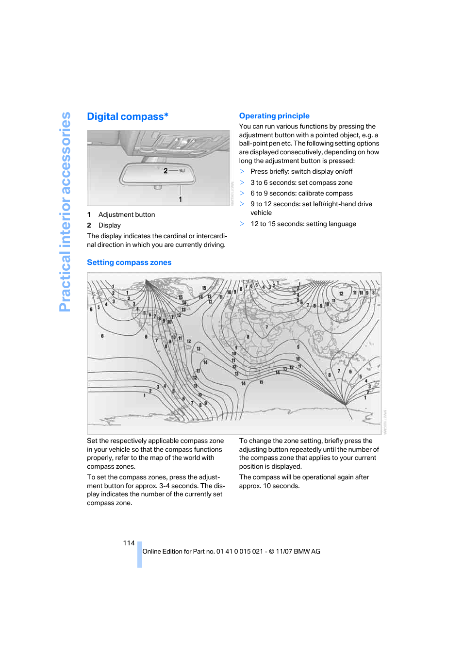 Digital compass, Practical interi or acc ess orie s | BMW X6 xDrive50i 2008 User Manual | Page 116 / 288