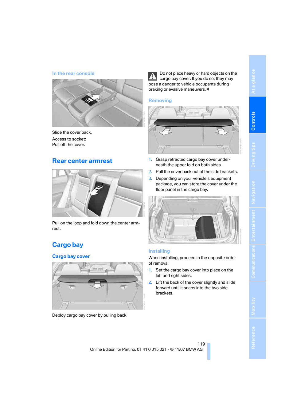 Rear center armrest, Cargo bay | BMW X6 xDrive50i 2008 User Manual | Page 121 / 288