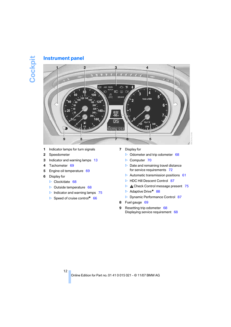 Instrument panel, Cockpit | BMW X6 xDrive50i 2008 User Manual | Page 14 / 288