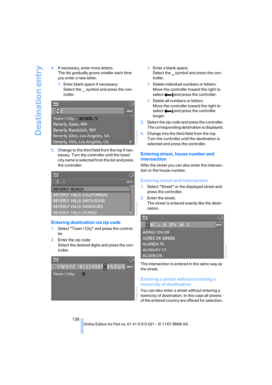 Destination entry | BMW X6 xDrive50i 2008 User Manual | Page 140 / 288